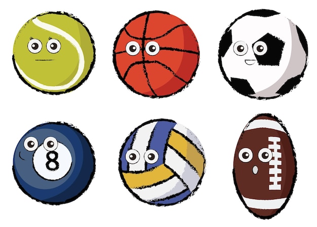 Set of drawn ball charactors tennis football basketball rugby volleyball and billard flat vector illustration