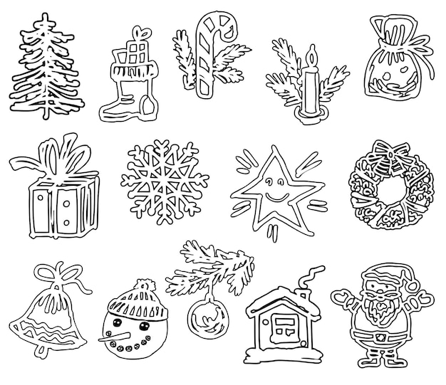 A set of drawn Christmas symbols