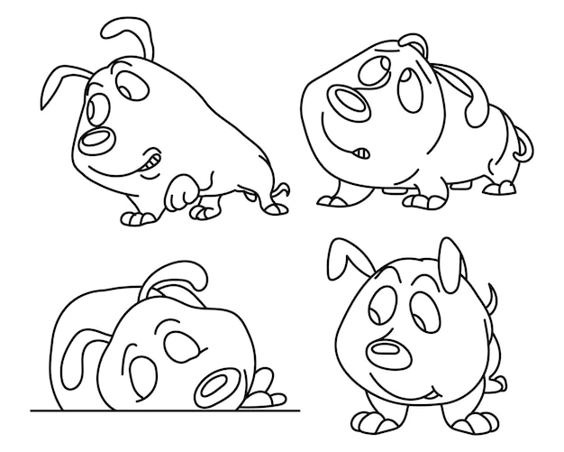 Set of drawn contour funny comical dogs. Design for coloring, sketch, vector