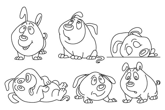 Set of drawn contour funny comical dogs. Design for coloring, sketch, vector