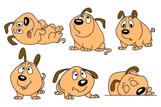 Set of drawn funny comical dogs with different emotions. Children's print, cartoon illustration