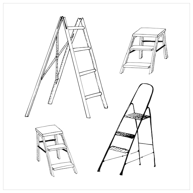 Vector set of drawn stepladders. collection of hand drawn stairs and step ladders. vector sketch style illustration, isolated on white.