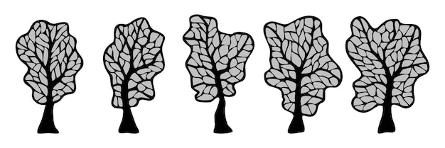 Set of drawn stylized trees isolated on white background