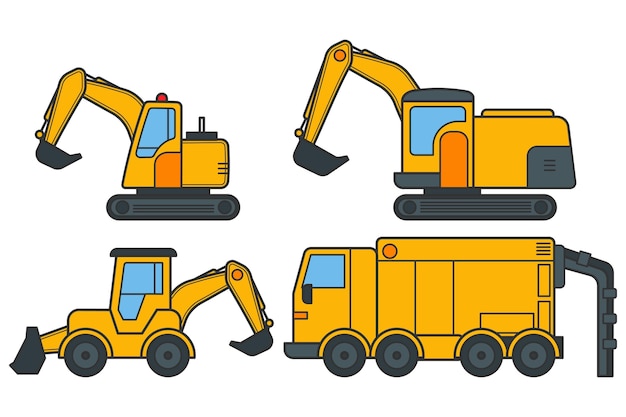 Set of drawn yellow excavators