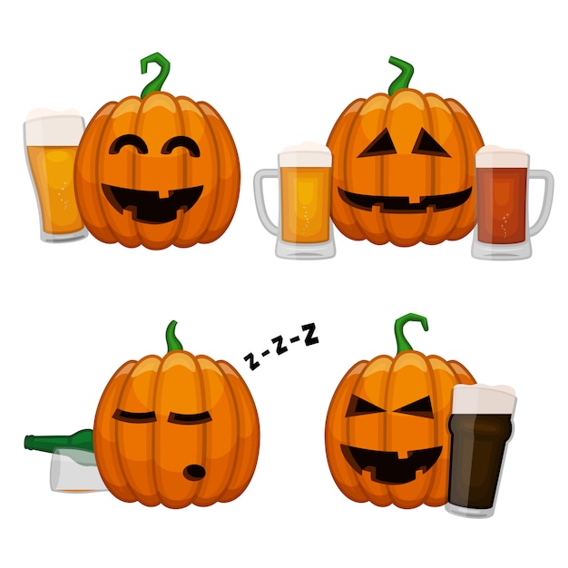 Set of drunk pumpkins. Happy Halloween pumpkins with glasses of beer. All saints eve beer party poster.