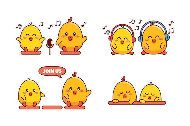 Set of duck or chick sticker emoji singing with headphone and microphone join us feel boring or sad