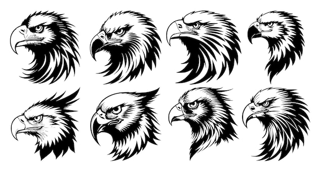 Set of eagle heads with big beaks side view Symbols for tattoo emblem or logo isolated on a white background