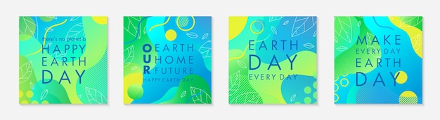 Set of Earth Day posters with green gradient backgroundsliquid shapeslinear leaves and geometric