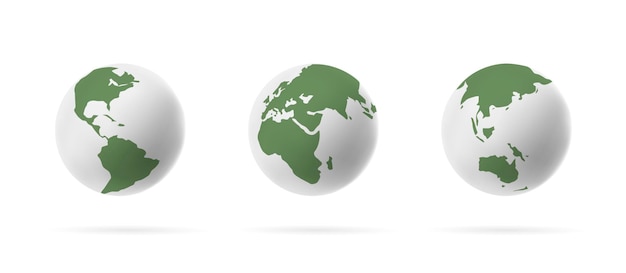 Set of Earth globe 3d icons isolated on light background stylized white and green colors graphic