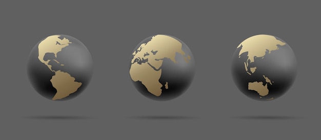 Vector set of earth globe icons 3d stylized illustration of sphere in black and gold colors international