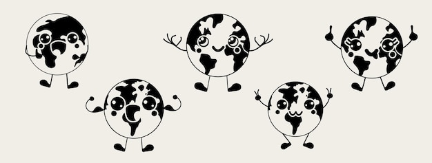 Set of Earth kawaii mascot Cute character Vector hand drawn illustration