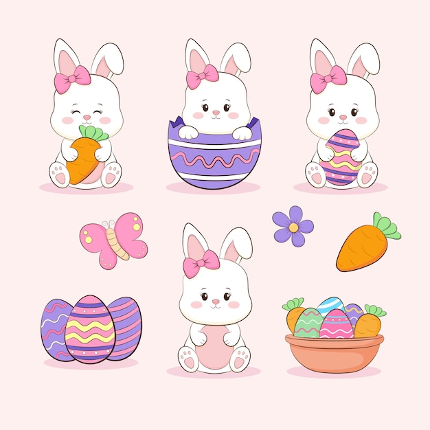 Set of easter bunny girl flat illustration