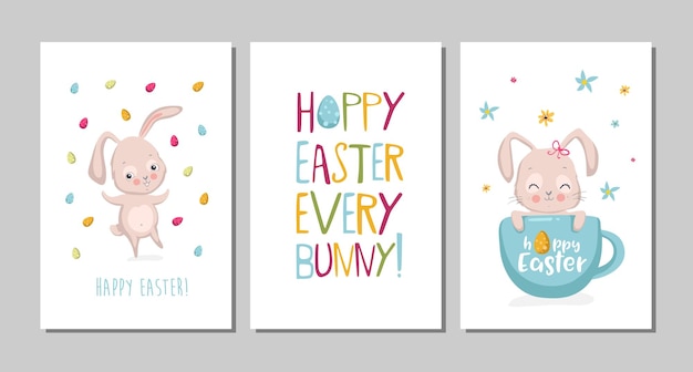 Set of Easter cards with cute bunnies and lettering Easter greetings cards with bunny cups eggs and flowers Vector illustration EPS 10