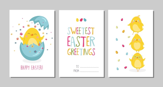 Set of Easter cards with cute cartoon chicken and type design Easter greetings cards Vector illustration EPS10