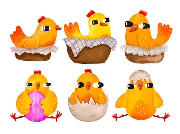 Vector set of easter chickens and hens with eggs and in baskets spring