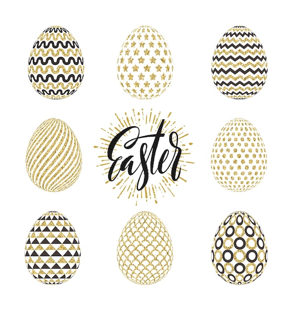 Set of Easter eggs decorated with glitter gold and brush calligraphy greeting