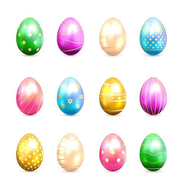 Set of Easter eggs with decorative elements isolated on white background, illustration.