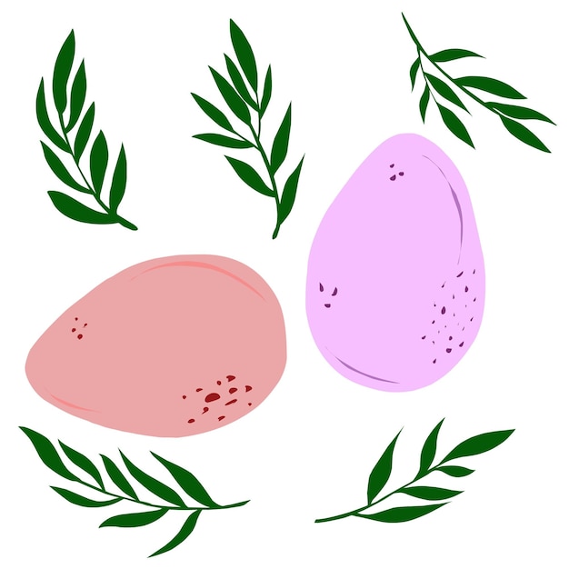 A set of easter eggs with green leaves and the word easter on the bottom