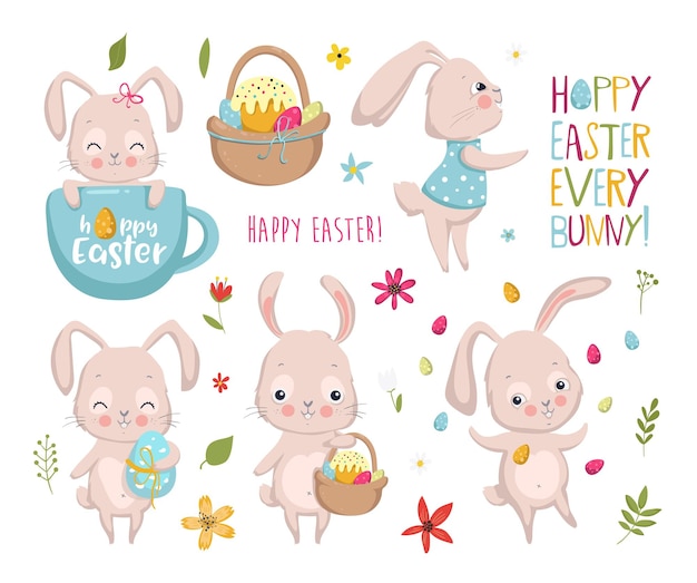 Set of Easter elements with bunny eggs flowers Hoppy Easter every bunny Vector illustration