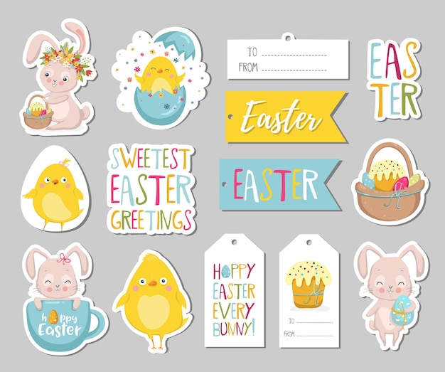 Set of Easter gift tags scrapbooking elements labels badges with cute bunnies chicken and lettering Easter greeting stickers with bunny flowers eggs Vector illustration EPS10