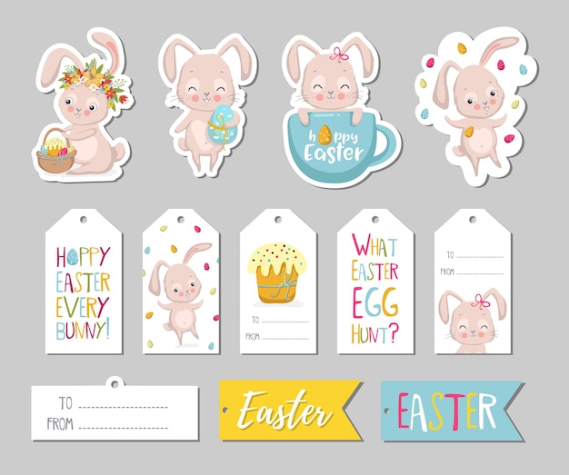 Set of Easter gift tags scrapbooking elements labels badges with cute bunnies and lettering Easter greeting stickers with bunny flowers eggs Vector illustration EPS10