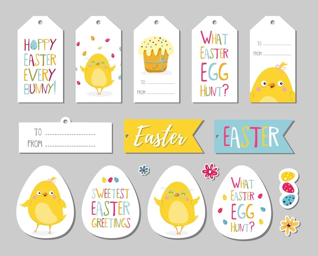 Set of Easter gift tags scrapbooking elements labels badges with cute chicken and lettering Easter greeting stickers with bunny flowers eggs Vector illustration EPS10