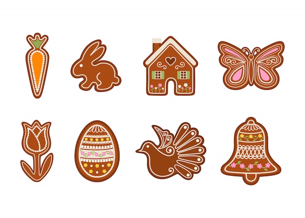 Set Easter gingerbreads. Carrot, rabbit, house, butterfly, tulip, egg, dove and bell