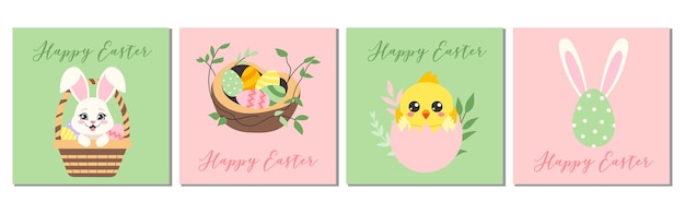 Set of Easter greeting cards with bunny in basket chicken in rgg nest egg with ears Happy Easter