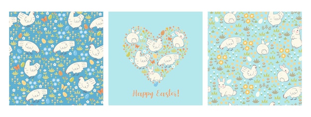 Set of Easter seamless pattern and greeting card with bunnies and chickens .