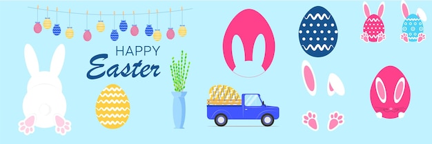 Set of Easter symbols. Flat illustration. Car with eggs, bunny, rabbit, eggs, spring elements