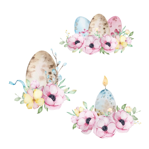 Set of Easter watercolor compositions with Easter eggs and a bouquet of flowers and leaves of anemones.