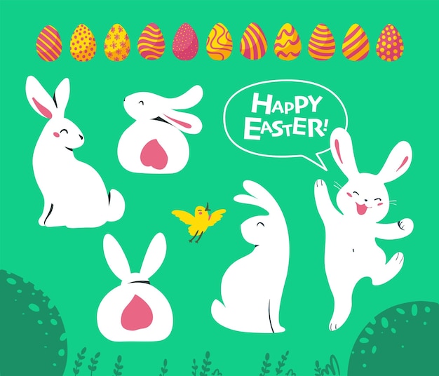 Set of Easter white bunny characters sitting smiling jumping and yellow little bird isolated on green floral background For holiday cards prints banner design decor etc Flat vector illustration