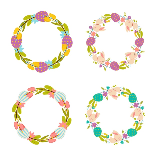 Set of Easter wreaths of flowers eggs and rabbits Isolated on white background