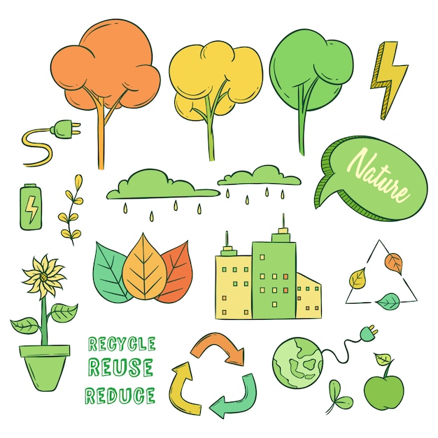 set of eco or go green icons with doodle style