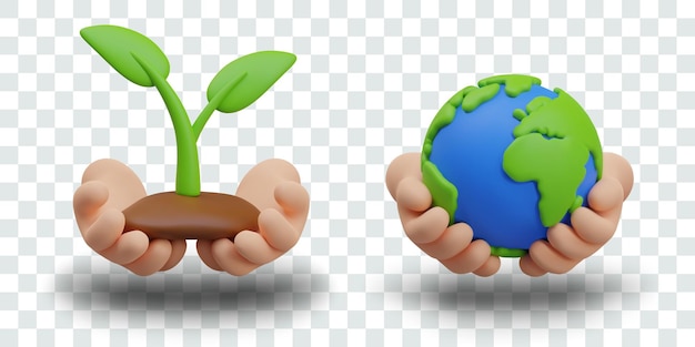 Set of eco illustrations in cartoon style hands hold plant earth in human palms