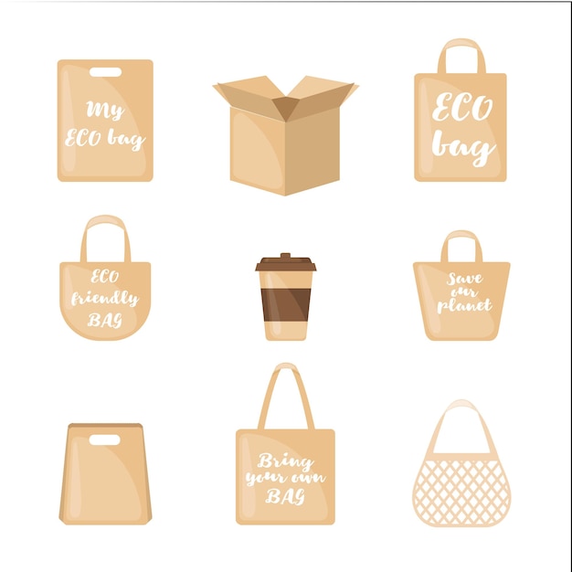 Set of Eco packaging icons in flat style