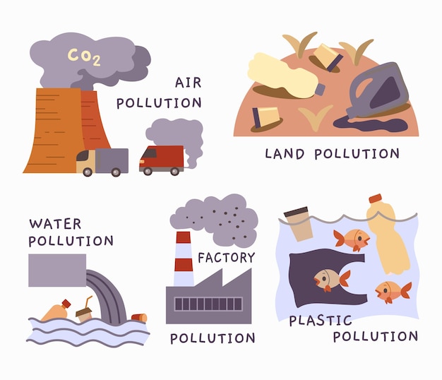 Set of eco pollution problem vector illustration