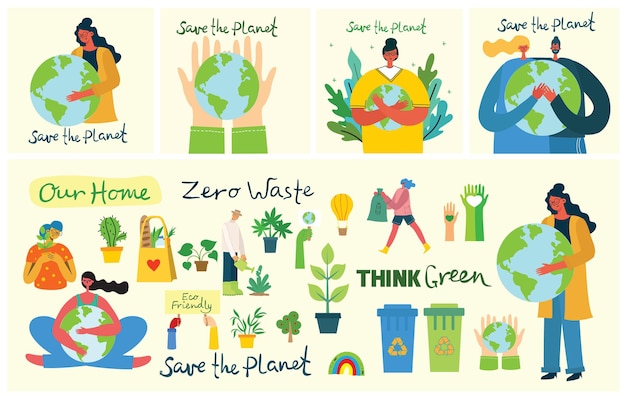 Set of eco save environment illustrations. People taking care of planet collage.