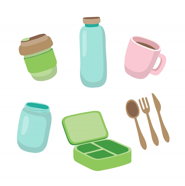 Set of ecological items - reusable coffee cup, glass jar, wooden cutlery, lunch box. 