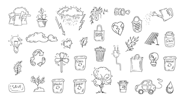 Set of ecology Hand drawn design vector illustration Ecology problem recycling and green energy icons in doodle style