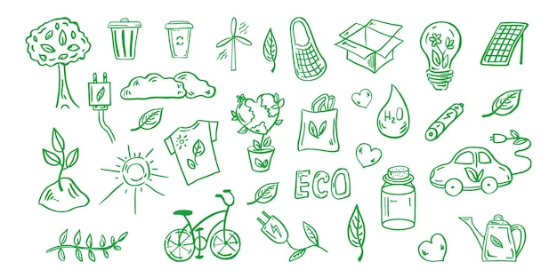 Set of ecology Hand drawn doodle vector Ecology recycling Environmental symbols