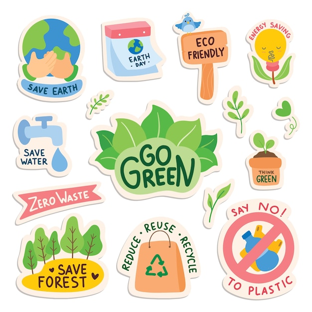 Set of Ecology Sticker with slogan in doodle style vector illustration