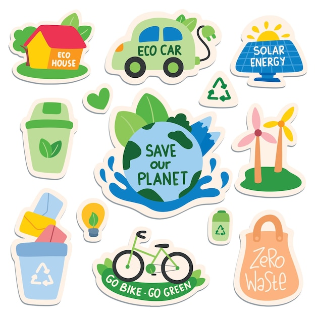 Set of Ecology Sticker with slogan in doodle style vector illustration