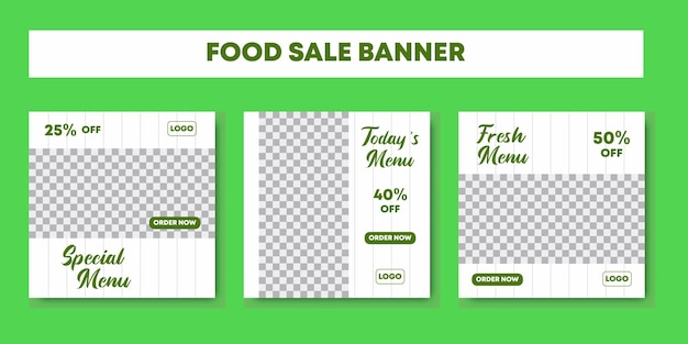 Set of editable minimal square banner template design for healthy food post White and green background color shape Food menu sale for social network or digital marketing Vector culinary promotion