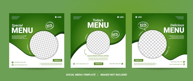 Set of Editable square banner template design for healthy food post. Suitable for Social Media Post restaurant and culinary digital Promotion. white and green background color shape vector.