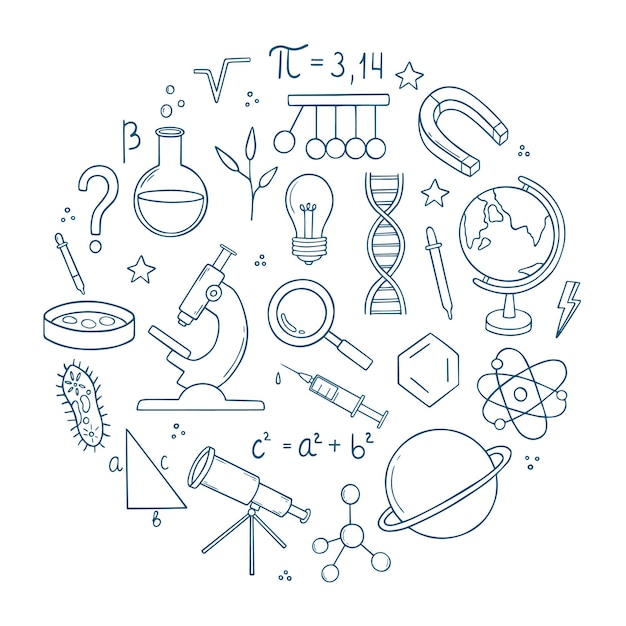 Set of Education and Science doodle Formulas in mathematics and chemistry laboratory equipment in sketch style Hand drawn vector illustration