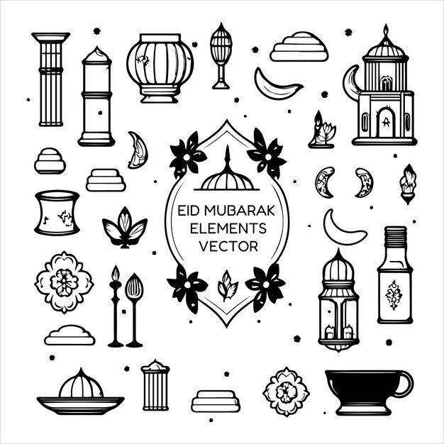 Vector set of eid mubarak eid al fitr elements icons vector illustration isolated on white background