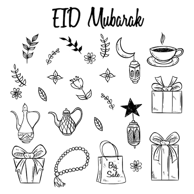 Vector set of eid mubarak icons or elements with hand drawn style