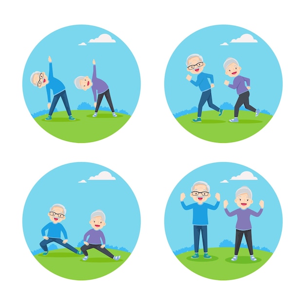 Set of Elderly couple doing exercises Together in public park For Good Health Healthy Activities Physical Health Sport Daily Routine Exercise Lifestyle