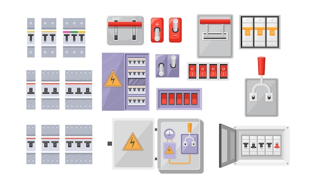 Vector set electric breaker switchbox electricity and energy equipment red buttons, contact-breaker isolated on white background. power control, switchboard panel with turners. cartoon vector illustration